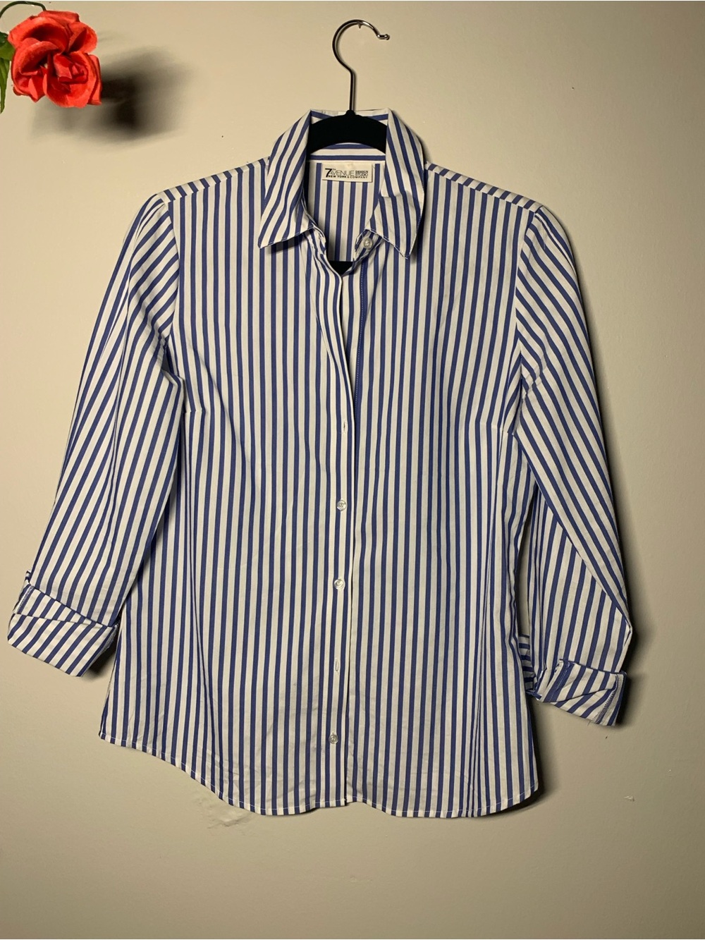 New York & Company Blue‑White Striped Button‑Up Blouse (XS)